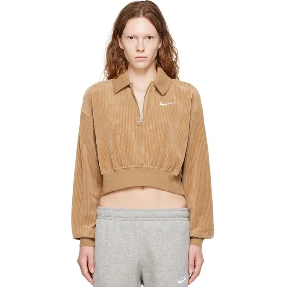 Nike Cropped Corduroy Velour 1/4 Zip Sweatshirt Tan - Picture 1 of 6